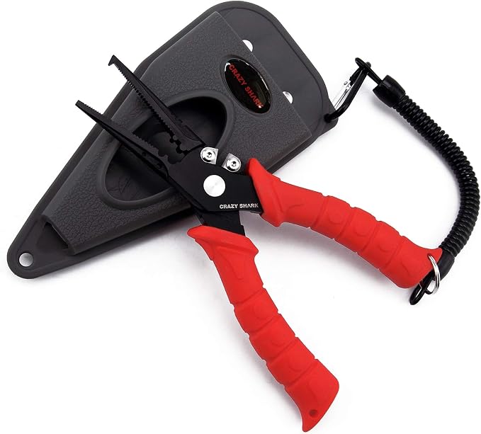 Fishing Pliers, Stainless Steel Fishing Tools, Saltwater Resistant Fishing Gear, Tungsten Carbide Cutters, Split Ring Pliers, Hook Remover with Coiled Lanyard and Sheath