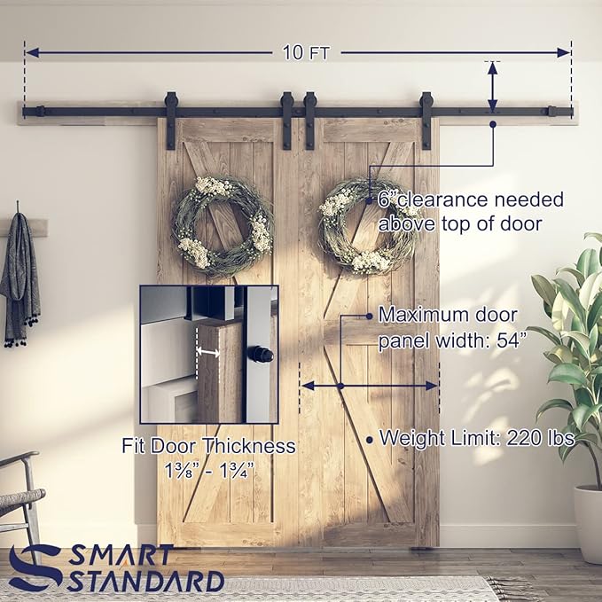 SMARTSTANDARD 9 FT Double Barn Door Hardware Kit, Sliding Door Track-Smoothly and Quietly -Includes Detailed Installation Fit 27" Wide Doorpanel (J Shape Hanger) Black