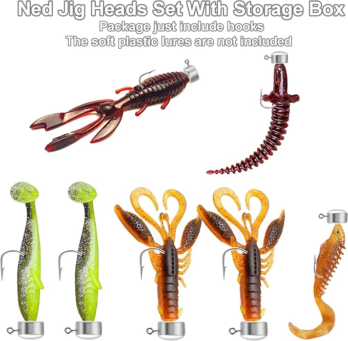40pcs Ned Rig Jig Heads Set with Hooks Box – Mushroom Head Ned Rig Hooks for Bass Crappie Trout, Finesse Bass Fishing Jig Head Hooks, 1/12oz, 1/8oz, 3/16oz, 1/4oz, 10pcs Each Size