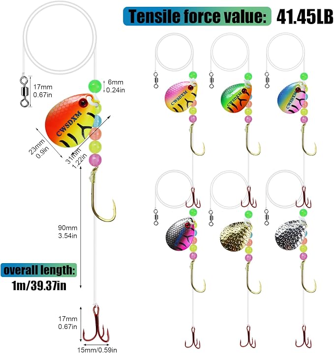 Walleye Rigs Kit, 41.5LB Spinner Rig Crawler Harness with Large Colorado Blades, 7PCS Pre-Rigged for Walleye & Perch Fishing, Worm Rig