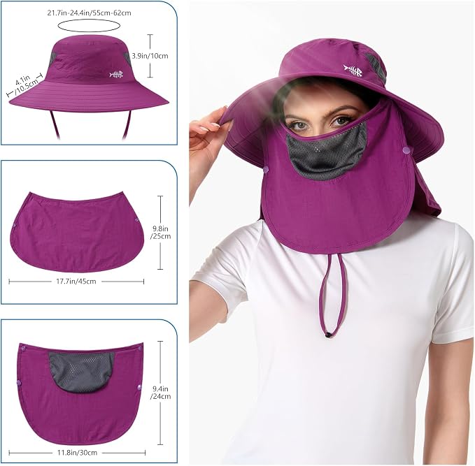 BASSDASH UPF 50+ Breathable Sun Hat with Removable Face Cover and Neck Flap Wide Brim Bucket Hat for Fishing Hiking Men Women