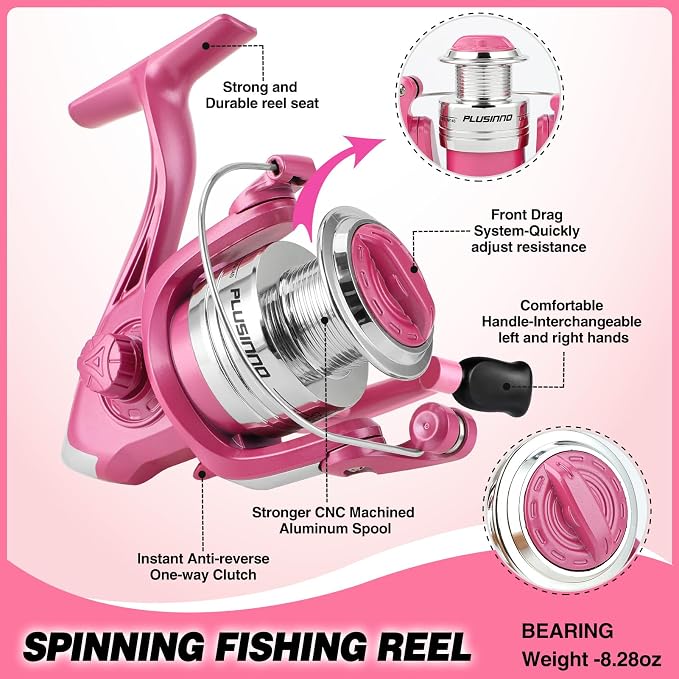 Fishing Rod and Reel Combos, Fishing Gear Gifts for Women with Spinning Reel, Lures, Line, Pink Ladies Telescopic Pole Kit Designed for Girls Adults by PLUSINNO