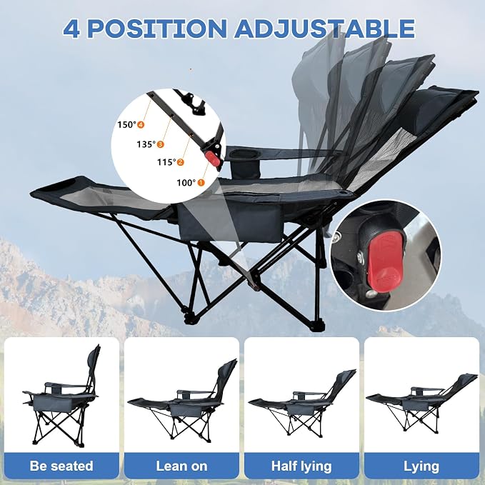 2-Pack Reclining Camping Chair 4 Position with Foot Rest Comfortable for Adults 265Ibs Folding Lounger Mesh Beach Chair with Cooler Bag and Cup Holder for Outdoor Patio