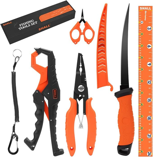 SHALL Fishing Tool Kit, Corrosion Resistant Fishing Gear and Equipment - Fishing Pliers, Fillet Knife, Fishing Scissors, Fish Lip Gripper, Fishing Ruler, Lanyard - Premium Fishing Tools for Men Women