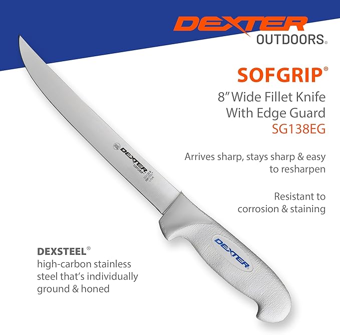 Dexter Outdoors 8" SOFGRIP Wide Fillet Knife | Includes Edge Guard | High-Carbon American Stainless Steel Blade | Resists Corrosion | Comfortable, Slip-Resistant Handle | Made in USA