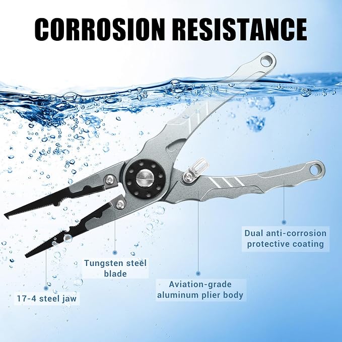 7.8" Lockable Saltwater Fishing Pliers, Aviation-grade Aluminum & Tungsten Cutters | Corrosion-Proof, with Replaceable Blades Set, Fishing Gear Gifts for Men, Adults, Kids