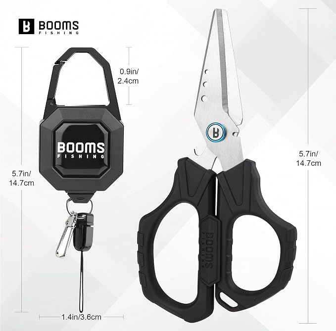 Booms Fishing Braided Line Cutter: 6.3in Multifunction Fishing Scissors with Retractor - Fishing Shears with Serrated Blades and Side Wire Cutter, S04