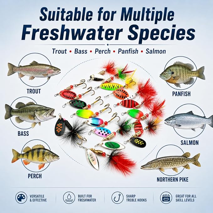 Fishing Spinner Lures Kit 10/15/16/20PCS, Inline Spinner Baits with Treble Hooks and Feather Tails, Metal Fishing Lures for Trout Bass Salmon Panfish, Multi-Color Freshwater Fishing Tackle Set