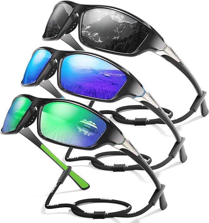 3 Pack Polarized Sports Sunglasses for Men, Mens Sunglasses Wrap Around UV Protection for Cycling Fishing Driving