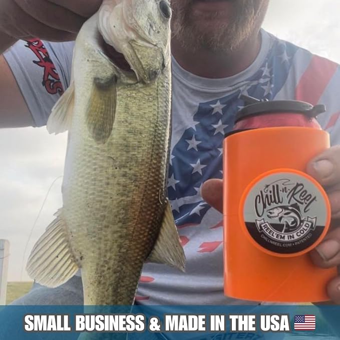 Made in USA | Fishing Can Cooler from Shark Tank | Hard Shell Drink Holder with Hand Line Reel | Fits Most Can Sleeves or Coozies | Unique Fishing Gift for Men | Retail Box Packaging | Orange