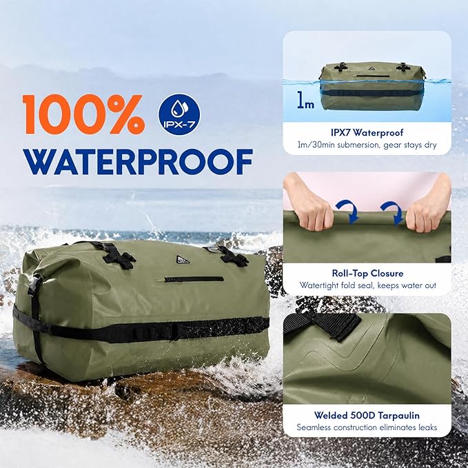 Haimont IPX7 Waterproof Roll-Top Dry Duffel Backpack | 60L/90L Sizes, 500D Tarpaulin, Welded Seams, Mesh Pockets, Boating & Kayaking