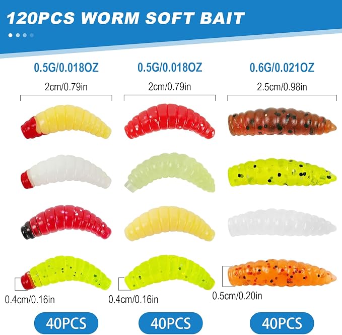 120Pcs Fake Maggots Bass Fishing Worms Lures Soft Plastic Fake Worms Ice Lure Fishing Baits for Bluegill Crappie Walleye Perch
