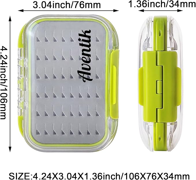 Aventik Waterproof Clear Fly Box Double Sides Floating Lightweight Fly Fishing Case Large Capacity Grip Foam Nymph Wet Dry Flies Lure Box(H18 Green, SIZE A:4.24X3.04X1.36inch)