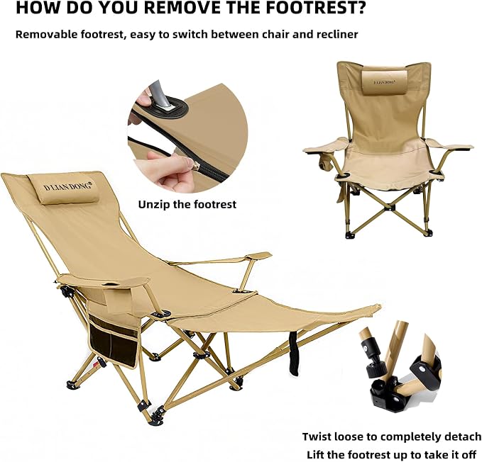 Reclining Camping Chair with Footrest, 4-Position Adjustable Back Folding Lounge Chair for Adult | Heavy-Duty Beach Chairs with Cup Holder & Carry Bag for Beach, Camping, Backyard, Fishing