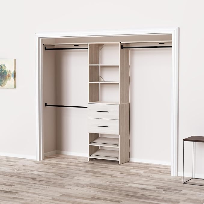 ClosetMaid SuiteSymphony 25-Inch Closet System Tower with (3) Hang Rods, (2) Drawers, (2) Angled Shoe Shelves, and (2) Top Shelves, White Timber