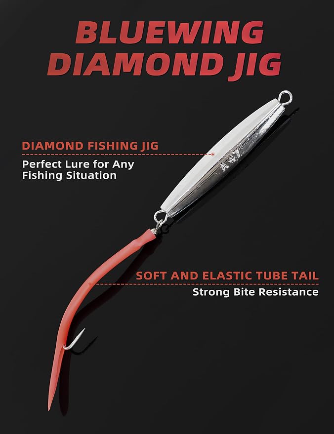 BLUEWING Diamond Jigs Fishing Saltwater Lure 1oz,2oz,3oz,4oz 1pc with Split Tube Tail and Stainless Steel Hook
