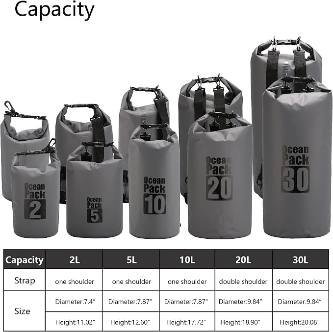 Dry Sack/Floating Waterproof Bag 2L/5L/10L/20L/30L for Boating, Kayaking, Hiking, Snowboarding, Camping, Rafting, Fishing and Backpacking