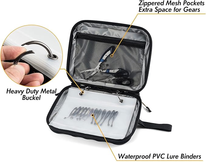 Dr.Fish Soft Bait Binder Organizer, Lure Hard Cover Fishing Tackle Storage Binders, Organized Bag with 8 Waterproof PVC Pockets for Worm Snell Rigs Jigs Baits Wrap Wallet