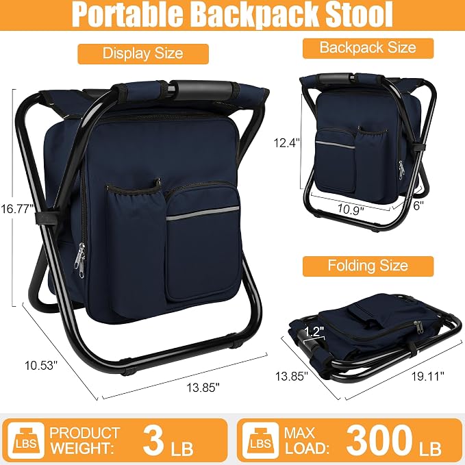 Kikerike Backpack Stool Cooler Chair Heavy Duty 300 LBS Max Load Portable Lightweight Stool Backpack Folding Fishing Cooler Seat for Camping Hunting Fishing - Navy Blue