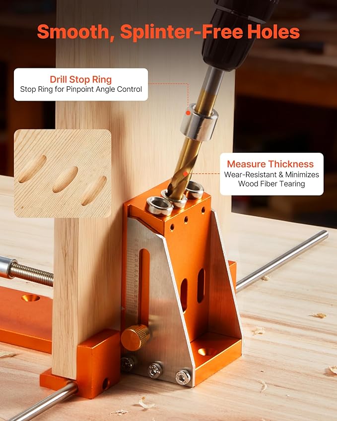 VEVOR Pocket Hole Jig Kit, 1/2 to 1-1/2 in Adjustable, Jig Pocket Hole System with Toolcase, C-Clamp, Step Drill, Hex Wrench, Drill Stop Ring, Square Drive Bit, Reinforced Metal Frame, for Woodworking
