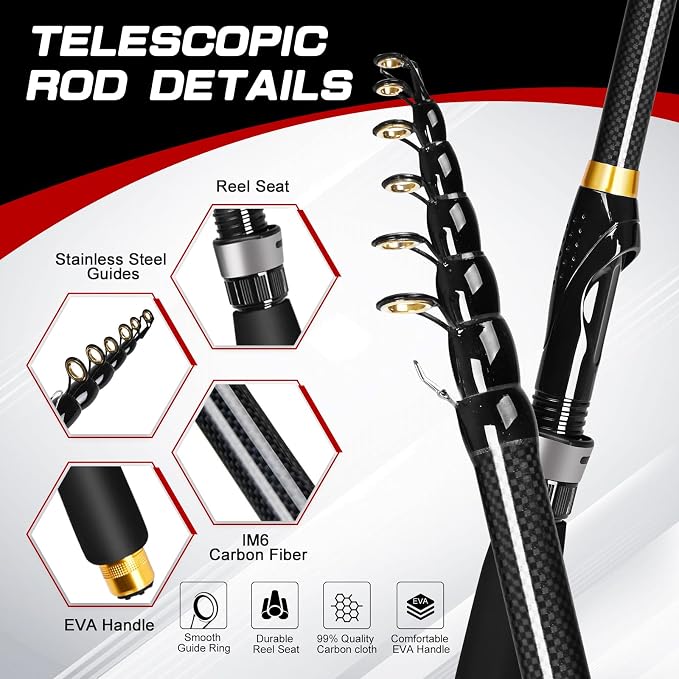 6.89ft Fishing Rod and Reel Combo, 2PCS Telescopic Carbon Fiber Fishing Rod, Spinning Reels *2, Fishing Line *2, Fishing Hooks Bait Set, Portable Fishing Pole Set with Carrier Bag