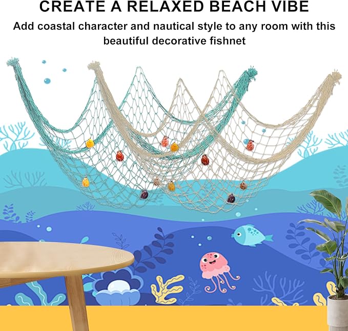 2 PCS Fish Net Decorations with Shells 80 x 40 Inch Ocean Themed Party Decor Beach Nautical Wall Hanging Fishing Net for Coastal Bedroom Bathroom or Under The Sea Party Decorations (Beige-with shells)