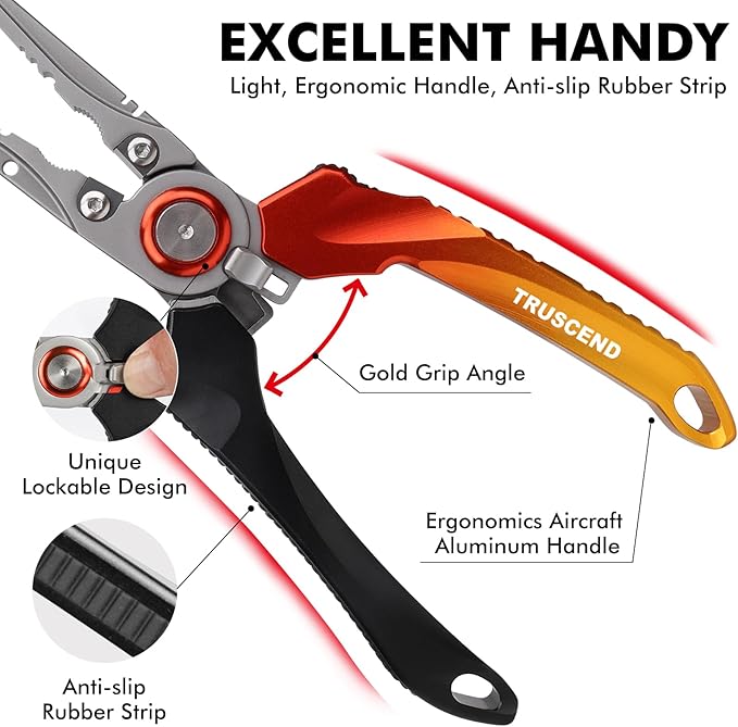 TRUSCEND Easy Use Lockable Fishing Pliers with Tungsten Carbide Cutter, Innovative Ergonomic Handy Handle, Saltwater Corrosion Resistant Teflon Coated Fishing Tool, Light Multi-Function Fishing Gear