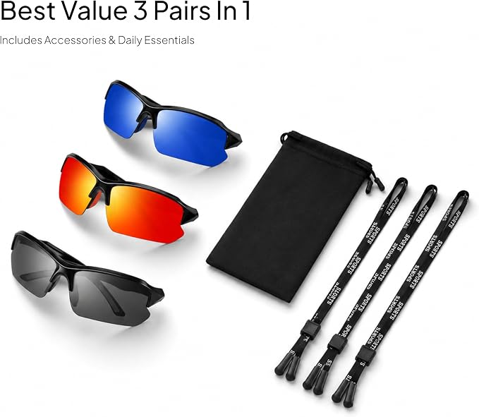 XVXV 3 Pack Polarized Sports Sunglasses for Men, UV Protection Half Frame Sunglasses Comfortable for Running Cycling Driving