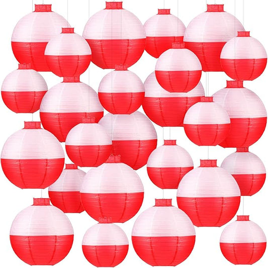 Set of 24 Fishing Bobber Round Paper Hanging Lanterns Fishing Birthday Decorations Hanging Paper Lanterns for Fishermen Theme Party Decoration Supplies, 12 Inches, 8 Inches