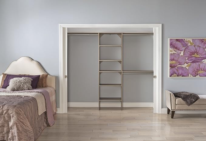 ClosetMaid SuiteSymphony Wood Closet Organizer Kit with Tower, 3 Hang Rods, Top Shelves, Adjustable, Fits Spaces 6 - 10 ft. Wide, Natural Gray