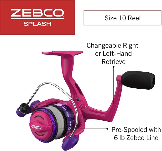 Zebco Splash Junior Spinning Reel and Fishing Rod Combo, 4-Foot 2-Piece Fishing Pole, Changeable Right- or Left-Hand Retrieve, Pre-Spooled with 6-Pound Zebco Line