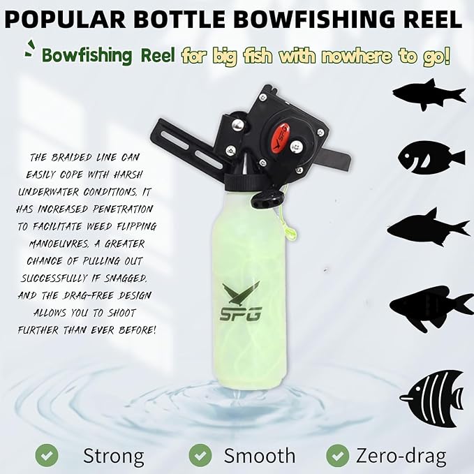 Bottle Style Bowfishing Reel for Recurve & Compound Bow, Zero-Drag One-Handed Operation Fishing Reel Kits with 40M 100 Lbs Dacron Line Complete Set with Mounting Screws