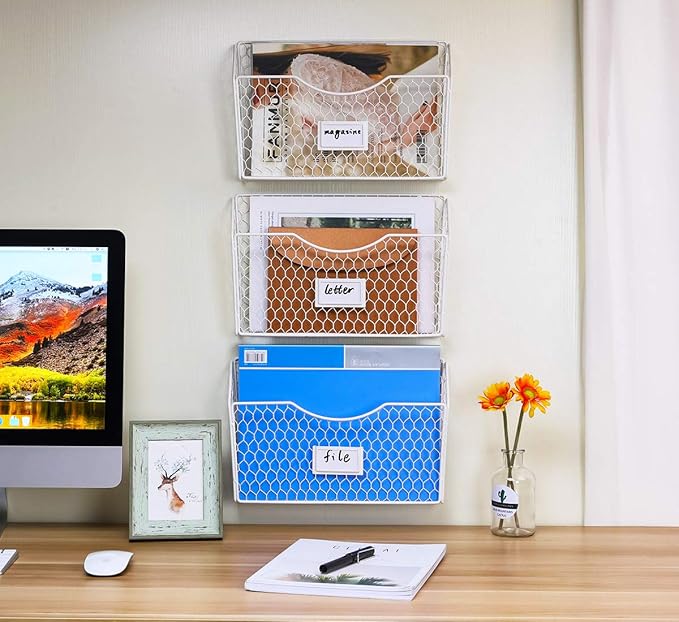 PAG 3 Pockets Hanging File Holder Wall Mount Mail Organizer Metal Chicken Wire Magazine Rack with Tag Slot, White