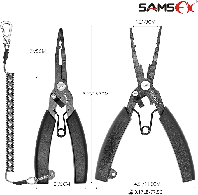 SAMSFX Locking Fishing Pliers Saltwater Resistant Teflon Coated Briad Line Cutters with Wire Coiled Lanyard, Sheath & Quick Knot Tool Combo