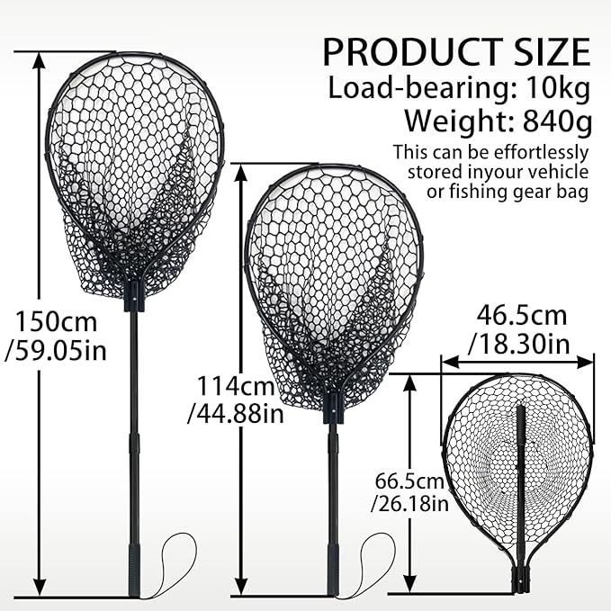 All Metal Telescoping Rubber Fishing Net with Handle Length: 59" Depth:19.7" Hoop: 26"x18" Large Silicone Fish Landing Net Pier/Kayak/Fishpond/Saltwater/Salmon Extendable Fishing Gear