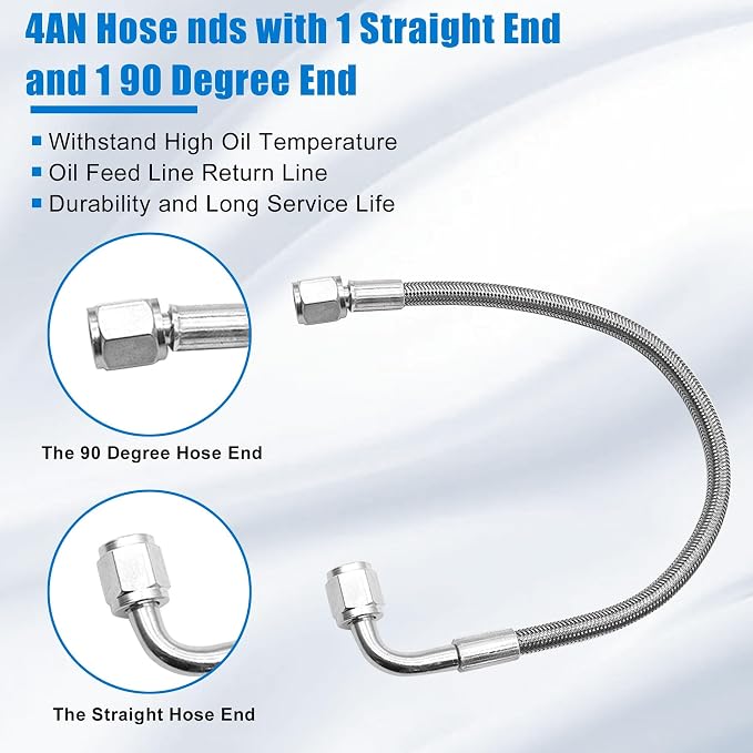 GXARTS 4AN Turbo Oil Feed Line - 12" Stainless Steel Braided Hose - 90 Degree Straight End Straight Hose End 4AN Pressure Stainless Remote Turbocharger Oil Drain Return PTFE Line End
