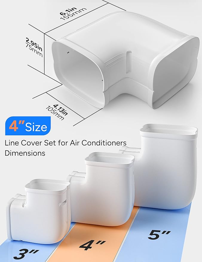 Flat Elbow, Flexible Level Bend Cover Line Set Cover Kit Accessories for Ductless Air Conditioners and Heat Pumps, PVC Decorative Upgraded UV-Proof Strong& Durable (4" Fixed)