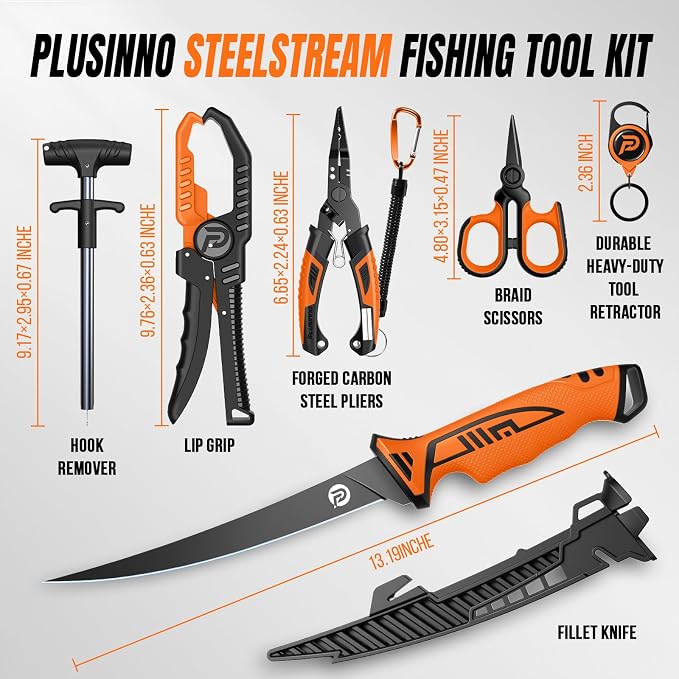 PLUSINNO Fishing Gear, Fishing Tools Kit, 7pcs Fishing Accessories, Corrosion Resistant Fishing Pliers, Fish Knife, Fish Lip Gripper, Fishing Gifts for Men