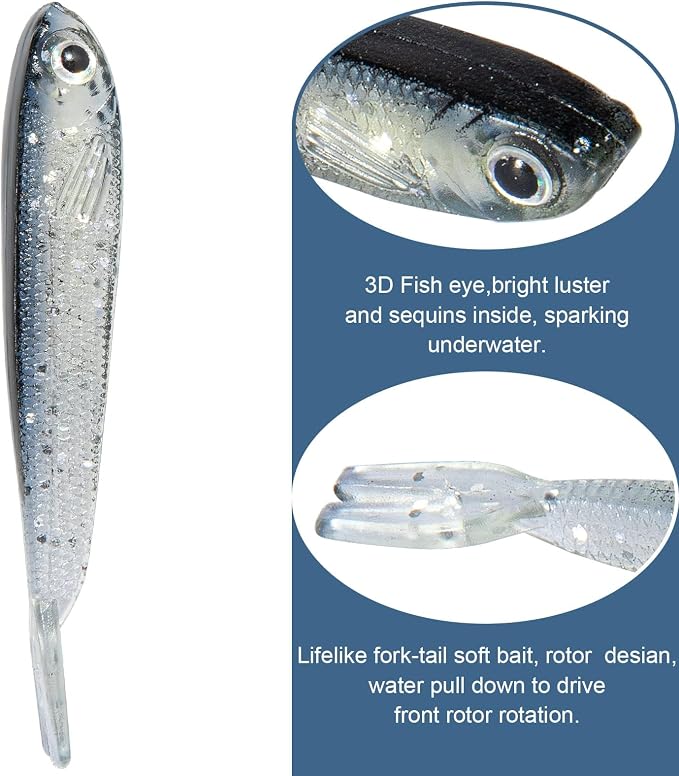 Syosisny 50 PCS Plastic Soft Fishing Lure, Lifelike Forked Tail Minnow, Fishing Baits Tackle for Saltwater and Freshwater Bass, Crappie, Walleye, or Trout Lures