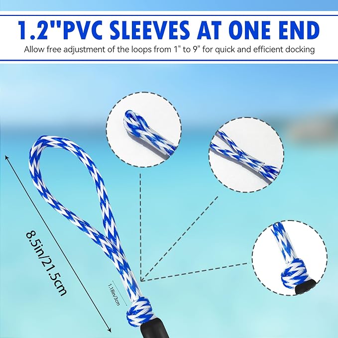 Boat Bungee Dock Lines – Adjustable Boat Tie Downs for Pontoon, Jet Ski, PWC, Kayak | Single Hook Small Cruiser Mooring Lines | (2, Blue & White, 3 Feet)