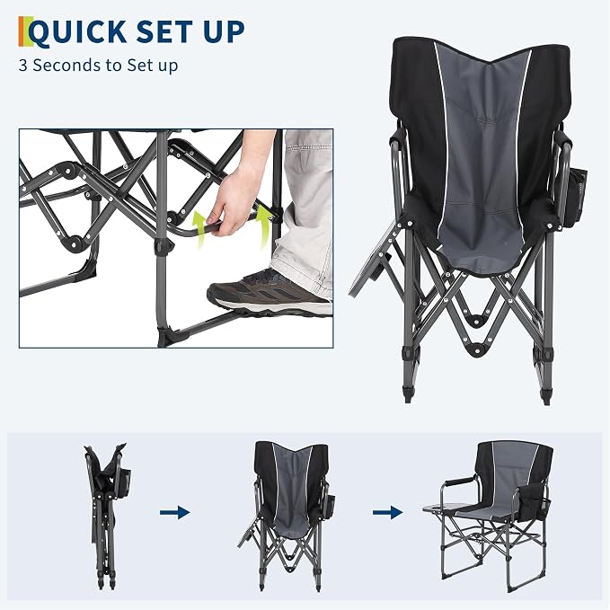 2 Pack Oversized Camping Directors Chair, Portable Folding Lawn Chairs for Adults with Side Table and Storage Pouch,Pocket for Beach, Fishing, Picnic,Concert,Tailgating, Heavy Duty Supports 330LBS