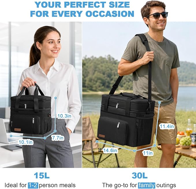 MIYCOO Lunch Bag & Lunch Box for Men Women, Double Deck Leakproof Insulated Soft Large Adult Camping Cooler bag for Work, Beach, Picnic, Travel (Black, 15L)