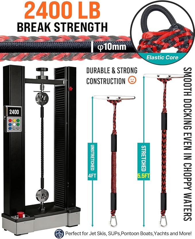 Boat Accessories 4Feet Boat Bungee Dock Lines (2 Pack) with 30cm Extended Loop Shock Absorbing, 316 Stainless Steel Clip & Floating Foam, Mooring Lines for Boats, Jet Ski, Pontoon(Red+Black)