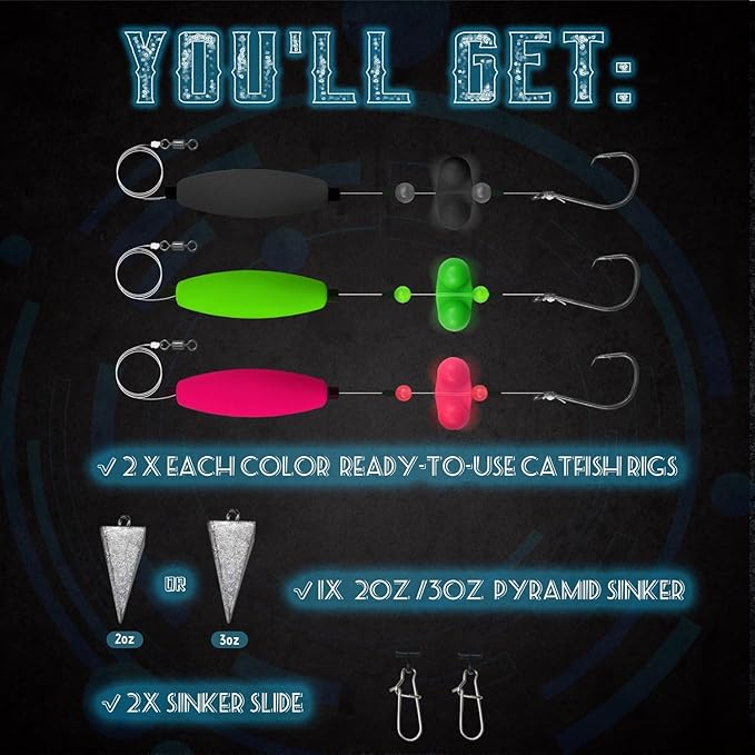 Narcissus Catfish Rigs Set – 6 Pre-Tied Rigs with 2 Sinker Sliders, Float Rigs Tackle, Santee Rig, Circle Hooks 6/0 – Complete & Ready-to-Use Kit