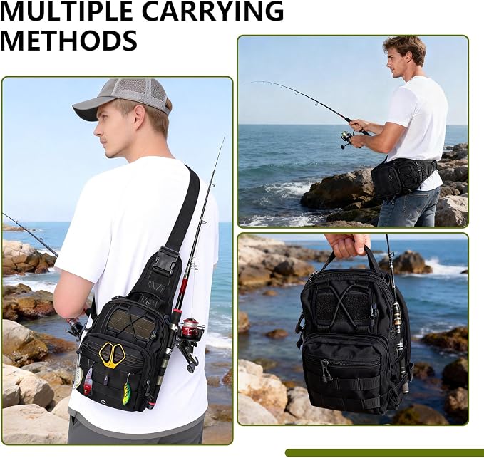 Fishing Backpack Small Fishing Tackle Storage Bag with 3 Methods of Carrying Large Capacity Sling Backpack for Outdoor Hiking Travel Hunting (Black)