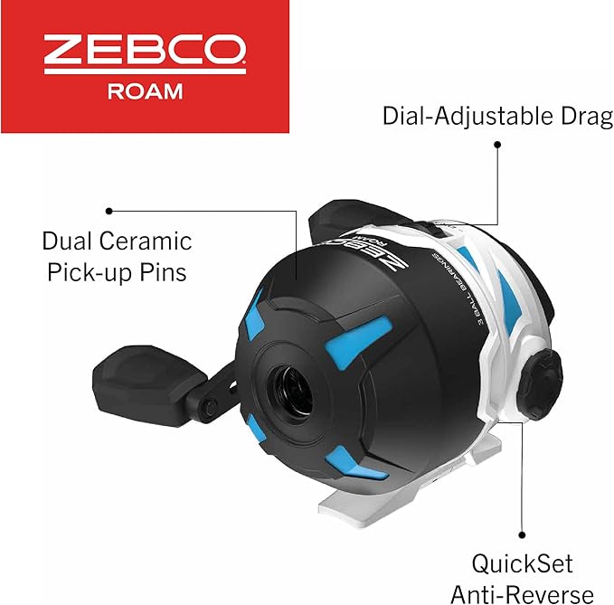 Zebco Roam Spincast Reel and Fishing Rod Combo, 6-Foot 2-Piece Fiberglass Fishing Pole with ComfortGrip Handle, Quickset Anti-Reverse Fishing Reel, Pre-Spooled with 10-Pound Zebco Line
