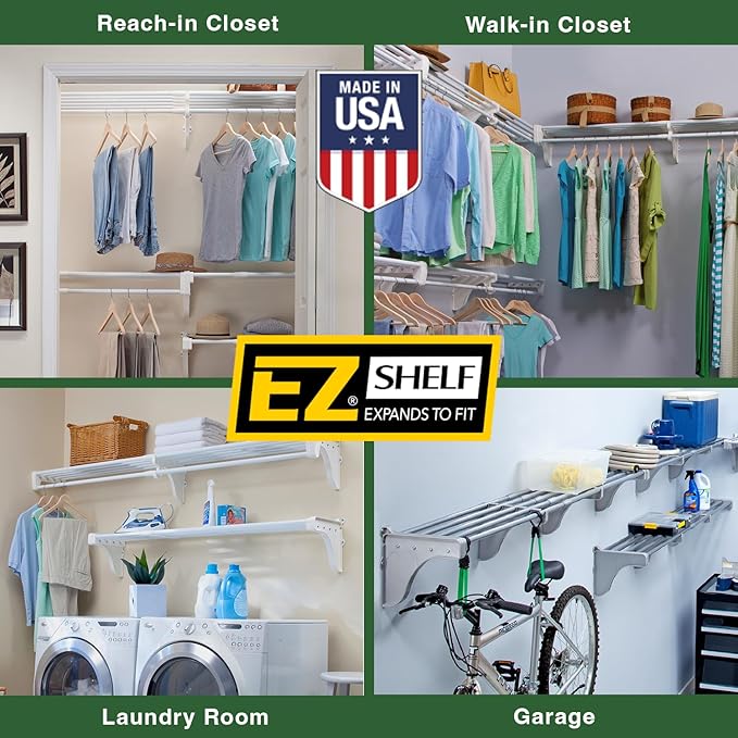 EZ Shelf - DIY Closet Organizer Kit - Expandable to 12.2 ft. of Hanging & Shelf Space - White