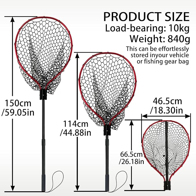 All Metal Telescoping Rubber Fishing Net with Handle Length: 59" Depth:19.7" Hoop: 26"x18" Large Silicone Fish Landing Net Pier/Kayak/Fishpond/Saltwater/Salmon Extendable Fishing Gear