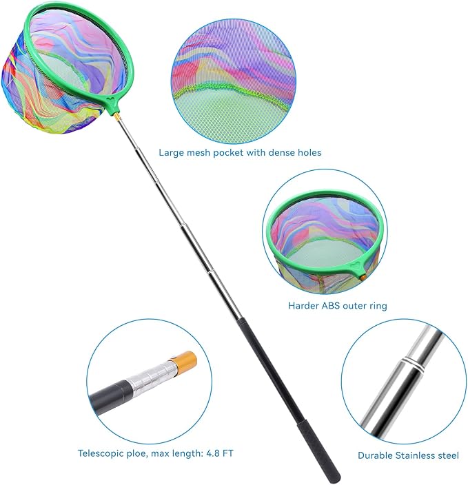 2PCS Fishing Net with Bucket, Telescopic Fishing Landing Net, Collapsible Youth Sand Bucket, Youth Fish Butterfly Catching for Freshwater Saltwater Outdoor Activities