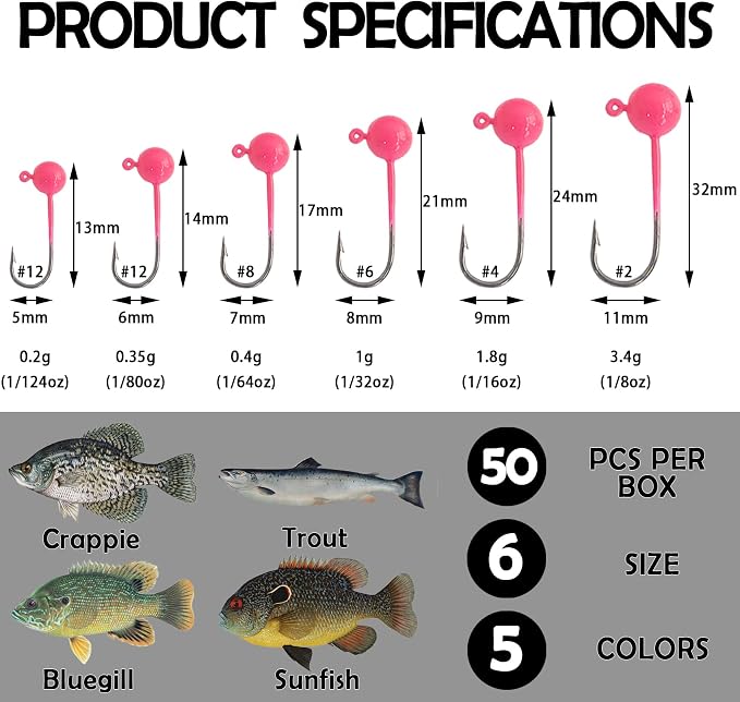 EUPHENG 50pcs Fly Tying Jig Heads Kit - Jig Hooks for Fly Fishing - DIY Lure Making Kit - Black, White, Orange, Pink, Chartreuse - Sizes #12, #8, #6, #4, #2